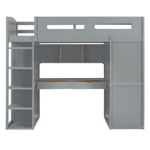 HomeRoots Gray Four Poster Twin Loft Bed with Integrated Desk, Storage Drawers & Space-Saving Design 592898