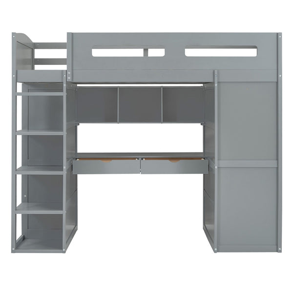 HomeRoots Gray Four Poster Twin Loft Bed with Integrated Desk, Storage Drawers & Space-Saving Design 592898