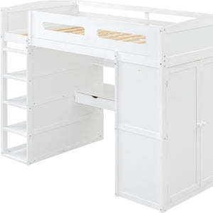 HomeRoots White Four Poster Twin Loft Bed with Integrated Desk & Shelves – Stylish Space-Saving Solution! 592899