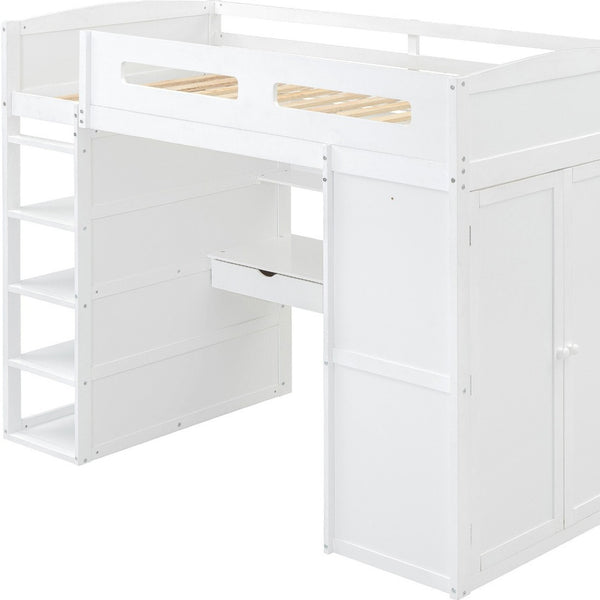 HomeRoots White Four Poster Twin Loft Bed with Integrated Desk & Shelves – Stylish Space-Saving Solution! 592899