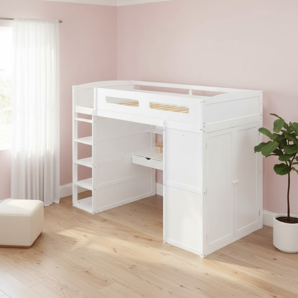 HomeRoots White Four Poster Twin Loft Bed with Integrated Desk & Shelves – Stylish Space-Saving Solution! 592899