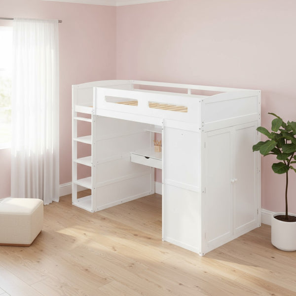 HomeRoots White Four Poster Twin Loft Bed with Integrated Desk & Shelves – Stylish Space-Saving Solution! 592899
