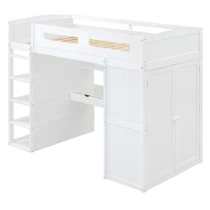HomeRoots White Four Poster Twin Loft Bed with Integrated Desk & Shelves – Stylish Space-Saving Solution! 592899