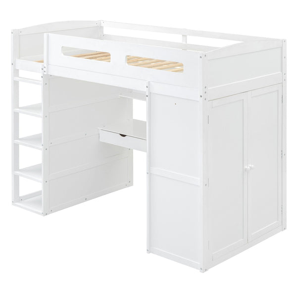 HomeRoots White Four Poster Twin Loft Bed with Integrated Desk & Shelves – Stylish Space-Saving Solution! 592899