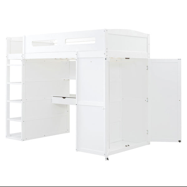 HomeRoots White Four Poster Twin Loft Bed with Integrated Desk & Shelves – Stylish Space-Saving Solution! 592899