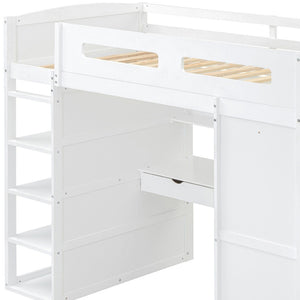 HomeRoots White Four Poster Twin Loft Bed with Integrated Desk & Shelves – Stylish Space-Saving Solution! 592899