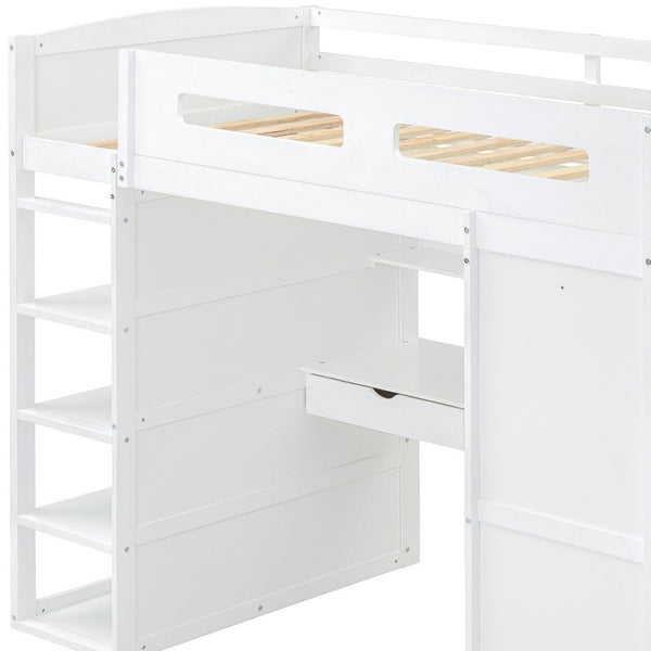 HomeRoots White Four Poster Twin Loft Bed with Integrated Desk & Shelves – Stylish Space-Saving Solution! 592899