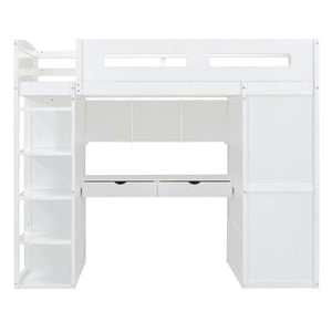 HomeRoots White Four Poster Twin Loft Bed with Integrated Desk & Shelves – Stylish Space-Saving Solution! 592899