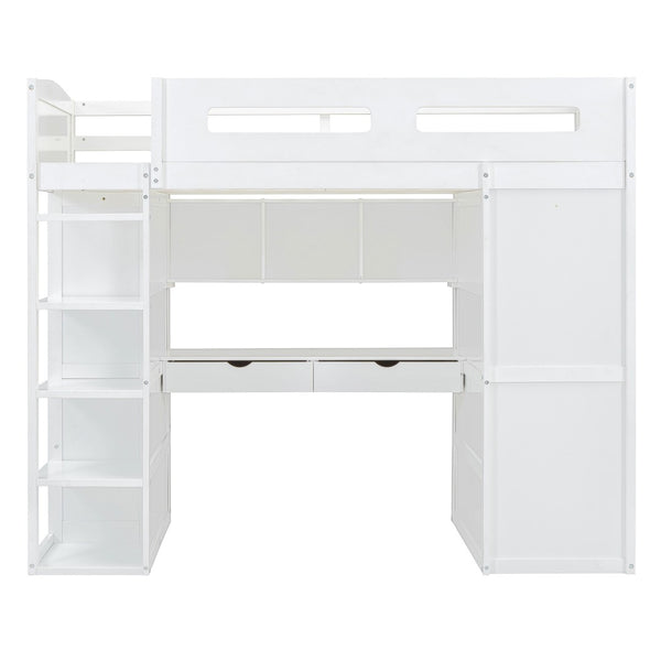 HomeRoots White Four Poster Twin Loft Bed with Integrated Desk & Shelves – Stylish Space-Saving Solution! 592899