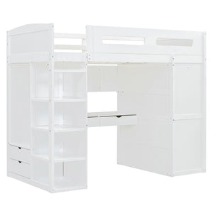 HomeRoots White Four Poster Twin Loft Bed with Integrated Desk & Shelves – Stylish Space-Saving Solution! 592899
