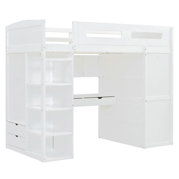 HomeRoots White Four Poster Twin Loft Bed with Integrated Desk & Shelves – Stylish Space-Saving Solution! 592899