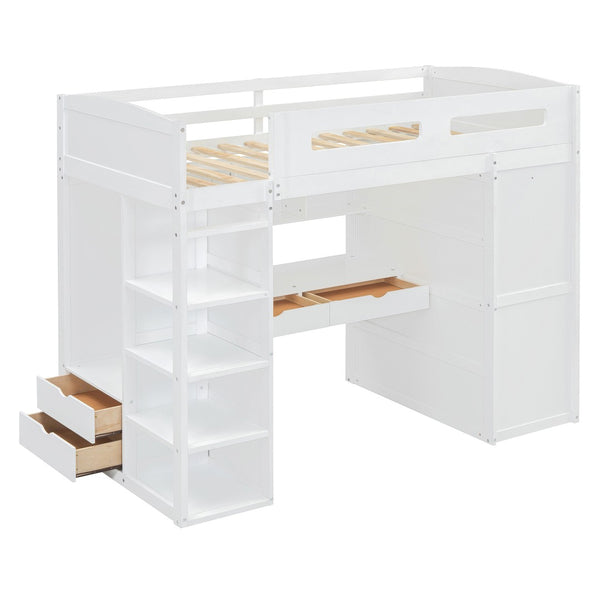 HomeRoots White Four Poster Twin Loft Bed with Integrated Desk & Shelves – Stylish Space-Saving Solution! 592899