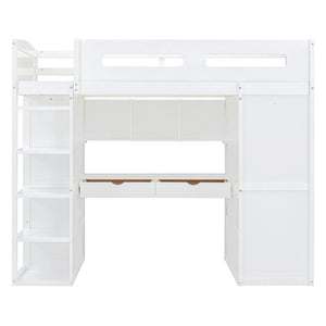 HomeRoots White Four Poster Twin Loft Bed with Integrated Desk & Shelves – Stylish Space-Saving Solution! 592899