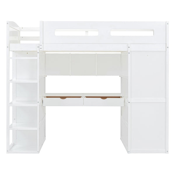 HomeRoots White Four Poster Twin Loft Bed with Integrated Desk & Shelves – Stylish Space-Saving Solution! 592899