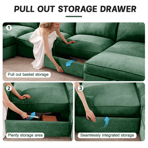 English Elm L-Shaped 3-Seater Sectional Sofa With Movable Ottoman, Soft Chenille, Storage & Modern Design Options W3041S00186