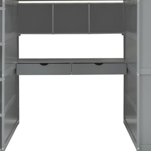HomeRoots Gray Four Poster Loft Bed with Integrated Desk, Shelves, and Modern Farmhouse Style for Kids' Rooms 592900