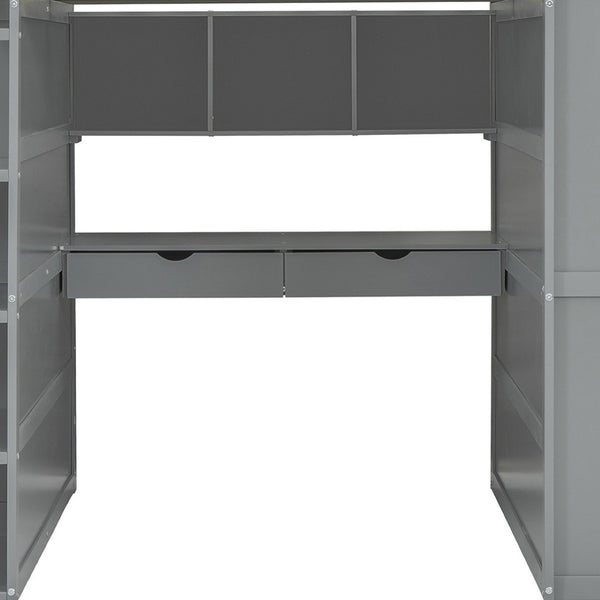 HomeRoots Gray Four Poster Loft Bed with Integrated Desk, Shelves, and Modern Farmhouse Style for Kids' Rooms 592900