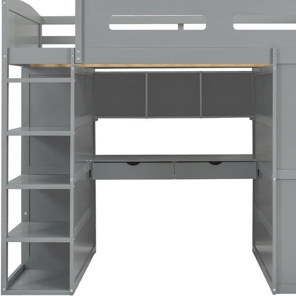 HomeRoots Gray Four Poster Loft Bed with Integrated Desk, Shelves, and Modern Farmhouse Style for Kids' Rooms 592900