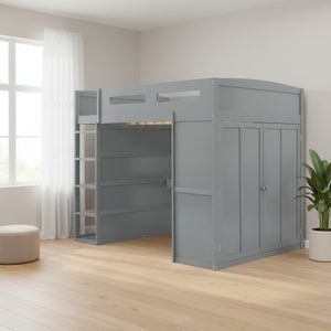 HomeRoots Gray Four Poster Loft Bed with Integrated Desk, Shelves, and Modern Farmhouse Style for Kids' Rooms 592900