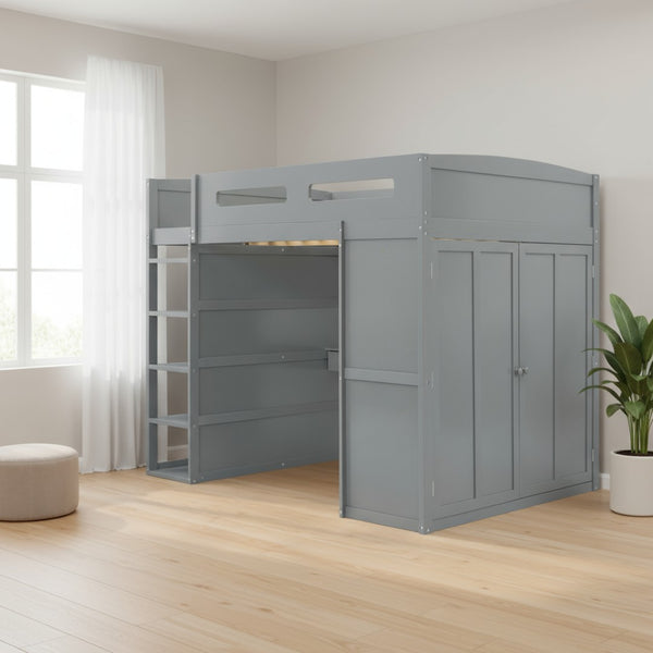HomeRoots Gray Four Poster Loft Bed with Integrated Desk, Shelves, and Modern Farmhouse Style for Kids' Rooms 592900