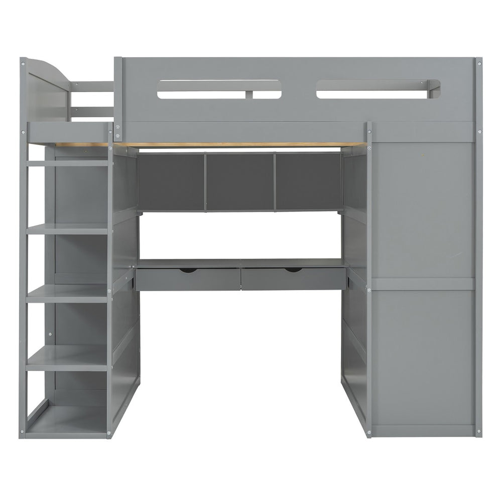 HomeRoots Gray Four Poster Loft Bed with Integrated Desk, Shelves, and Modern Farmhouse Style for Kids' Rooms 592900