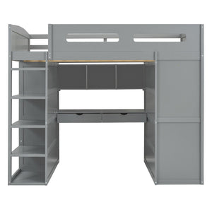 HomeRoots Gray Four Poster Loft Bed with Integrated Desk, Shelves, and Modern Farmhouse Style for Kids' Rooms 592900