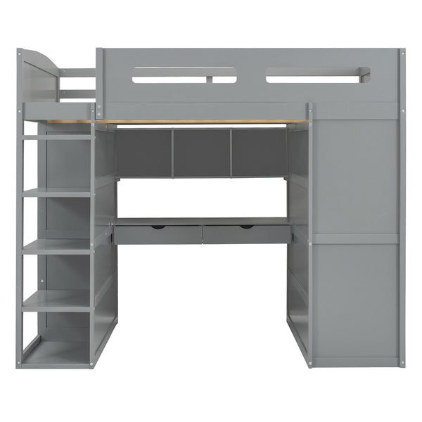 HomeRoots Gray Four Poster Loft Bed with Integrated Desk, Shelves, and Modern Farmhouse Style for Kids' Rooms 592900