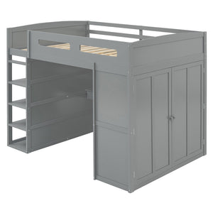 HomeRoots Gray Four Poster Loft Bed with Integrated Desk, Shelves, and Modern Farmhouse Style for Kids' Rooms 592900