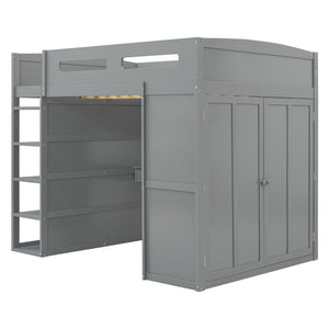HomeRoots Gray Four Poster Loft Bed with Integrated Desk, Shelves, and Modern Farmhouse Style for Kids' Rooms 592900