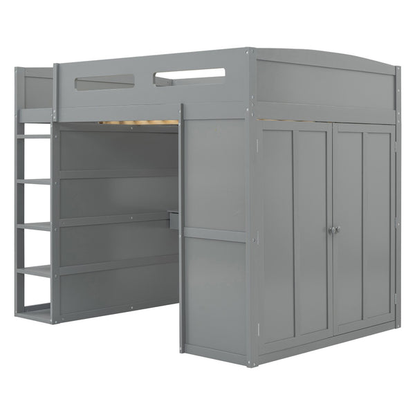 HomeRoots Gray Four Poster Loft Bed with Integrated Desk, Shelves, and Modern Farmhouse Style for Kids' Rooms 592900