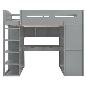 HomeRoots Gray Four Poster Loft Bed with Integrated Desk, Shelves, and Modern Farmhouse Style for Kids' Rooms 592900