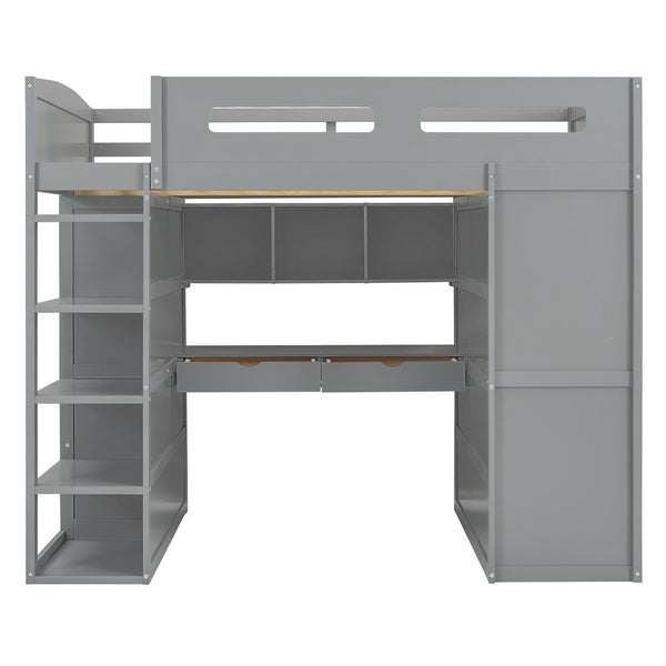 HomeRoots Gray Four Poster Loft Bed with Integrated Desk, Shelves, and Modern Farmhouse Style for Kids' Rooms 592900
