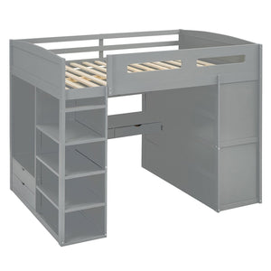 HomeRoots Gray Four Poster Loft Bed with Integrated Desk, Shelves, and Modern Farmhouse Style for Kids' Rooms 592900