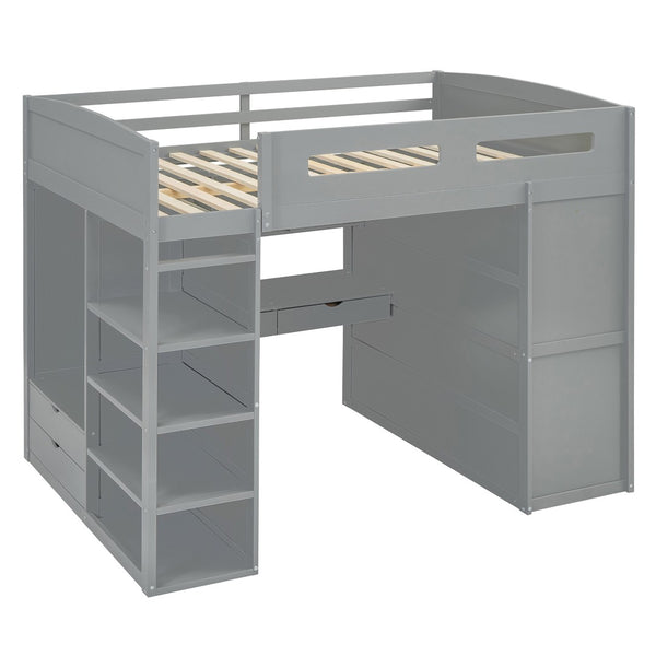 HomeRoots Gray Four Poster Loft Bed with Integrated Desk, Shelves, and Modern Farmhouse Style for Kids' Rooms 592900