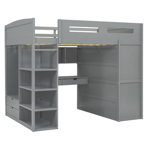 HomeRoots Gray Four Poster Loft Bed with Integrated Desk, Shelves, and Modern Farmhouse Style for Kids' Rooms 592900