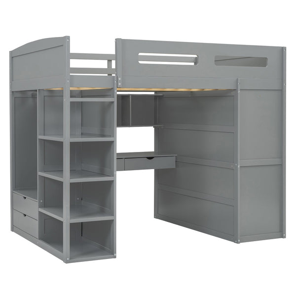 HomeRoots Gray Four Poster Loft Bed with Integrated Desk, Shelves, and Modern Farmhouse Style for Kids' Rooms 592900