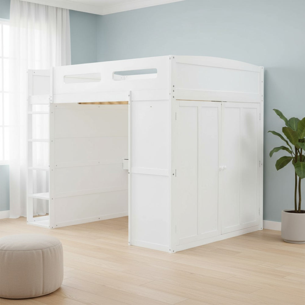 HomeRoots White Four Poster Loft Bed with Integrated Desk and Storage Shelves for Stylish Space-Saving Solutions 592901
