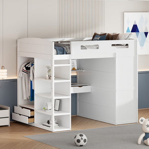 HomeRoots White Four Poster Loft Bed with Integrated Desk and Storage Shelves for Stylish Space-Saving Solutions 592901
