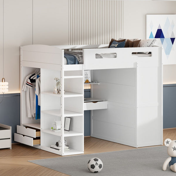 HomeRoots White Four Poster Loft Bed with Integrated Desk and Storage Shelves for Stylish Space-Saving Solutions 592901