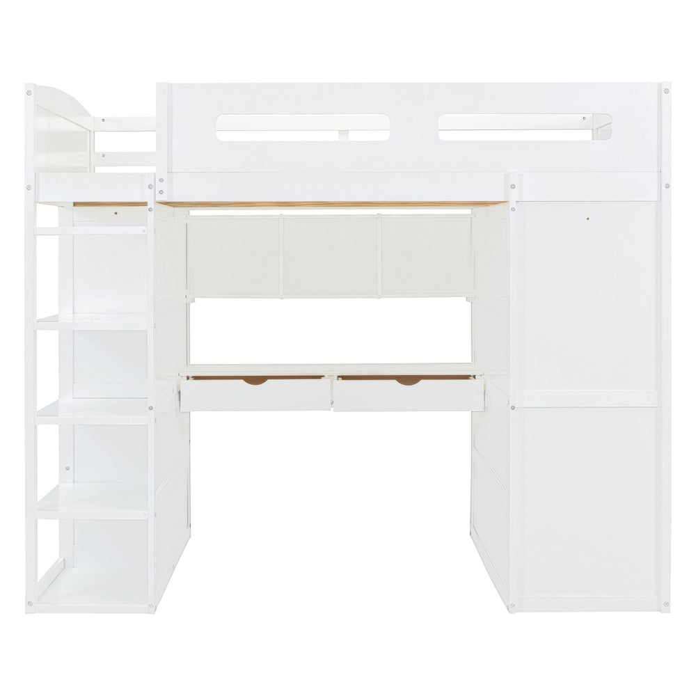 HomeRoots White Four Poster Loft Bed with Integrated Desk and Storage Shelves for Stylish Space-Saving Solutions 592901