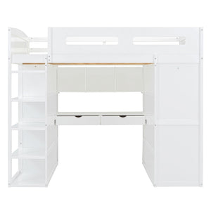 HomeRoots White Four Poster Loft Bed with Integrated Desk and Storage Shelves for Stylish Space-Saving Solutions 592901