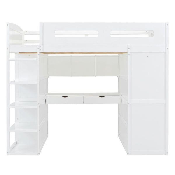 HomeRoots White Four Poster Loft Bed with Integrated Desk and Storage Shelves for Stylish Space-Saving Solutions 592901