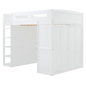 HomeRoots White Four Poster Loft Bed with Integrated Desk and Storage Shelves for Stylish Space-Saving Solutions 592901