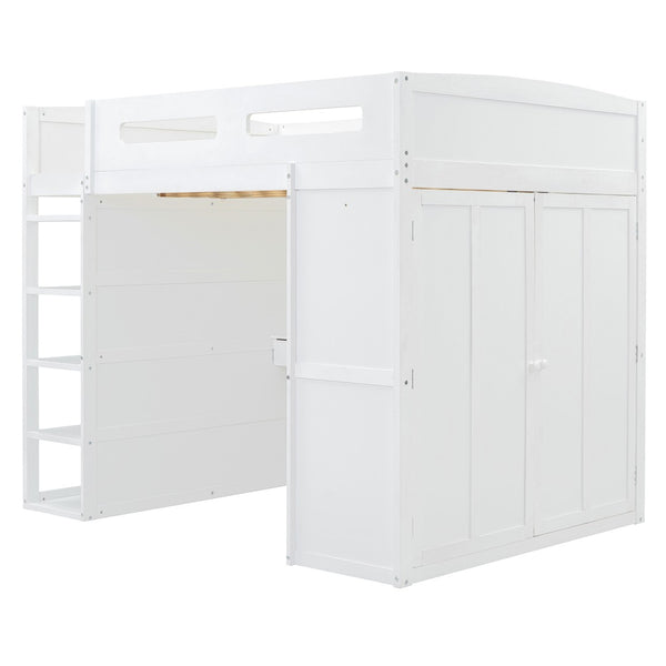 HomeRoots White Four Poster Loft Bed with Integrated Desk and Storage Shelves for Stylish Space-Saving Solutions 592901