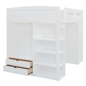 HomeRoots White Four Poster Loft Bed with Integrated Desk and Storage Shelves for Stylish Space-Saving Solutions 592901