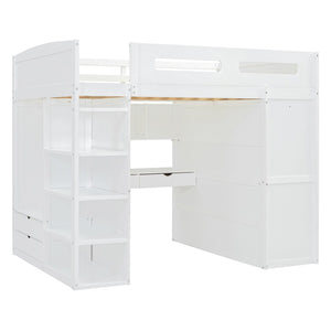 HomeRoots White Four Poster Loft Bed with Integrated Desk and Storage Shelves for Stylish Space-Saving Solutions 592901