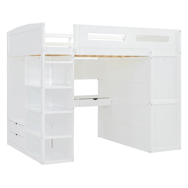 HomeRoots White Four Poster Loft Bed with Integrated Desk and Storage Shelves for Stylish Space-Saving Solutions 592901