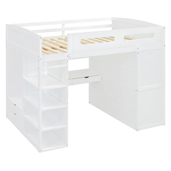 HomeRoots White Four Poster Loft Bed with Integrated Desk and Storage Shelves for Stylish Space-Saving Solutions 592901