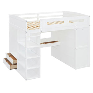 HomeRoots White Four Poster Loft Bed with Integrated Desk and Storage Shelves for Stylish Space-Saving Solutions 592901