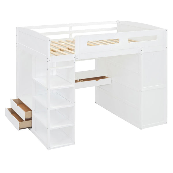 HomeRoots White Four Poster Loft Bed with Integrated Desk and Storage Shelves for Stylish Space-Saving Solutions 592901
